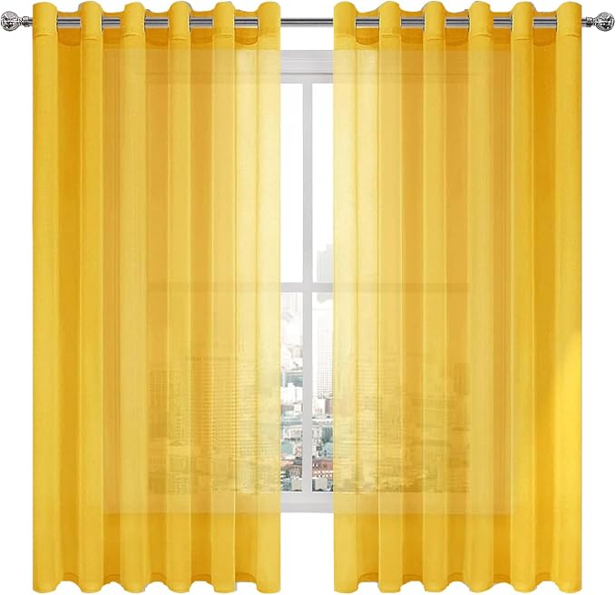 DWCN Yellow Semi Sheer Curtains, Grommet Top Window Drapes for Bedroom & Living Room, Faux Linen Look Voile Transparent Solid Curtains Set of 2 Panels 70 x 63 Inches Long