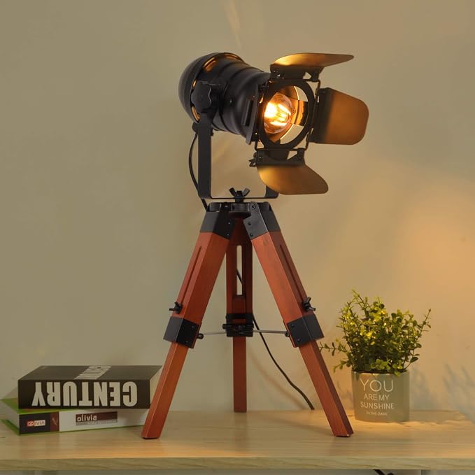 Vintage Adjustable Wood Tripod Floor Lamp for Living Room, Camera Small