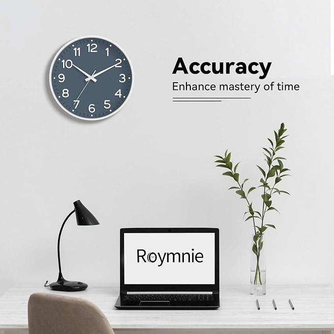 Roymnie 12 Inch Wall Clock Battery Operated Silent Non Ticking Analog | Azure Blue modern analog; large 3D easy-read dial for kitchen, office, bathroom & bedroom; 1 AA battery (not included)