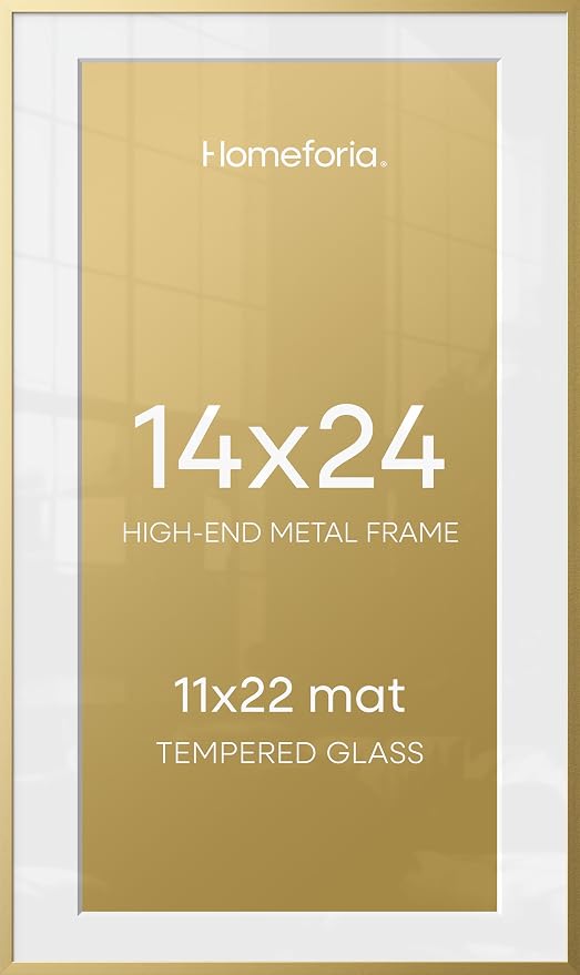 Homeforia 14x24 Gold Picture Frame, High-End Metal, 11x22 Mat, Glass