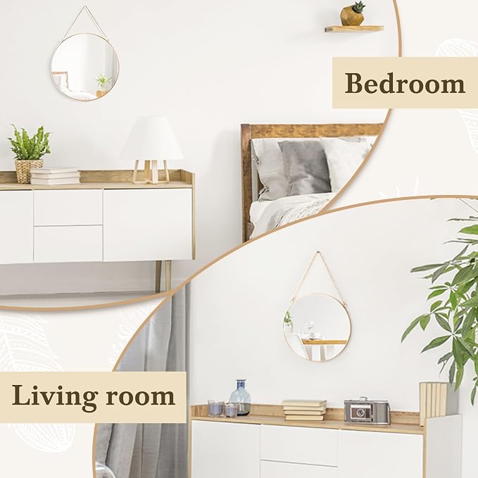 Dahey 11.8" Small Circle Round Office Wall Hanging Mirror with Chain, Gold | Anti-Scratch Velvet Back, Easy to Hang, Metal Frame, Nordic Minimalist Boho Wall Decor, for Bathroom Bedroom Living Room Dorm