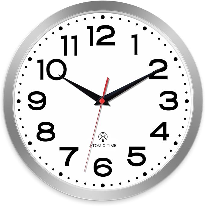 Roymnie 14 Inch Atomic Wall Clock, Battery Operated Silent Non Ticking | Silver analog wall clock; bold numerals for easy reading; silent non-ticking; 1 AA battery (not included); for classroom