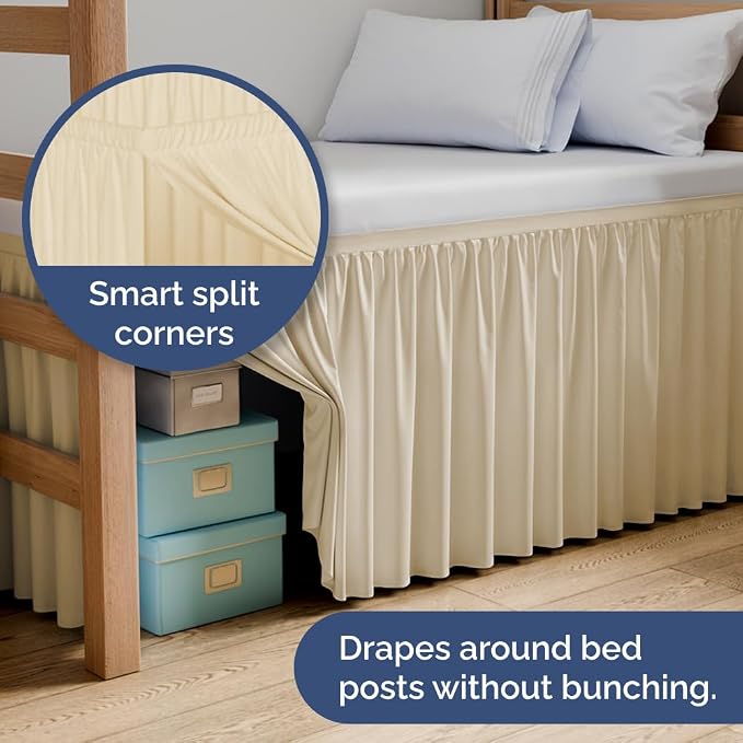 Dorm Room Bed Skirt Full XL - College Dorm Essentials - Off White, 32 Inch | Extra Long Dust Ruffled College Bedskirt with Split Corners, Easy Fit Elastic Strap, Adjustable, Fade & Wrinkle Free