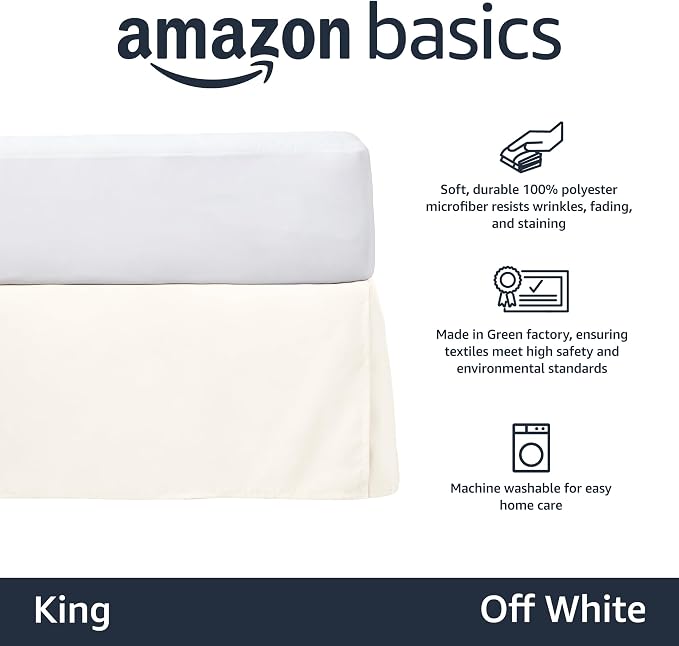 Amazon Basics Lightweight Pleated Soft Machine Washable Bed Skirt, King Size, Off White, 16-Inch Drop (Pack of 8)
