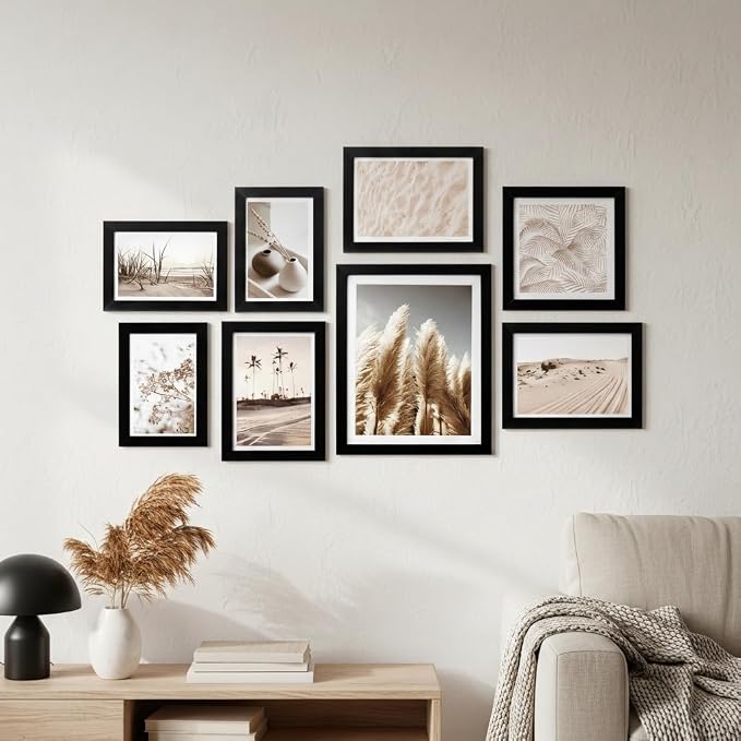 Gallery Wall Frame Set, 8 Pack Black Picture Frames, Small | Collage Pampas Grass Prints Wall Art Decor for Living Room, Entryway, Stairway, Bedroom, Assorted Size