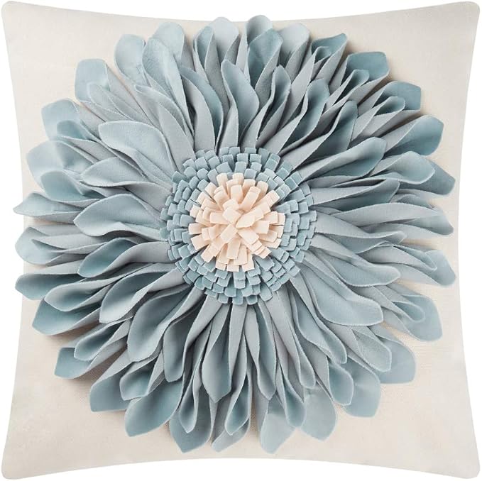 3D Flower Decorative Throw Pillow Covers 18x18 Inch Blue for Couch Floral | Handmade Elegant Aesthetic Sunflower Pattern Pillowcases Couch Living Room Boho Farmhouse Decor Dog Hair Resistant