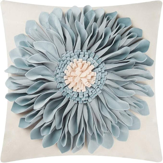 3D Flower Decorative Throw Pillow Covers 18x18 Inch Blue for Couch Floral | Handmade Elegant Aesthetic Sunflower Pattern Pillowcases Couch Living Room Boho Farmhouse Decor Dog Hair Resistant