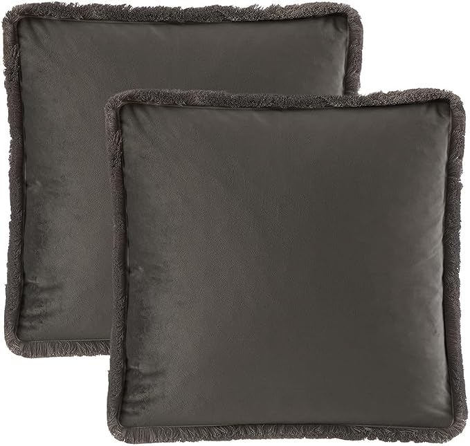 JUSPURBET Pack of 2 Ash Decorative Fringe Velvet Throw Pillow Covers 24x24 for Home Decor Living Room Bedroom Car Boho Soft Cushion Cover with Hidden Zipper Machine Washable