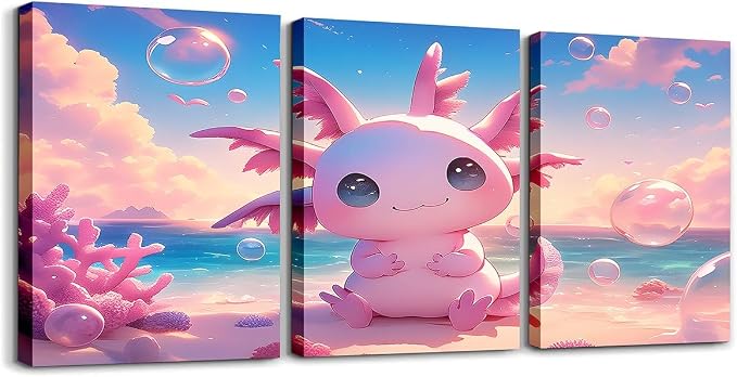 Feelyou Kids Cute Pink Axolotl Canvas Wall Art for Living Room Bedroom Ocean Sealife Wall Painting Posters Girls Kawaii Cartoon Animal Picture Wall Decor Beach Bathroom Wall Art 12"x16"x 3Pcs