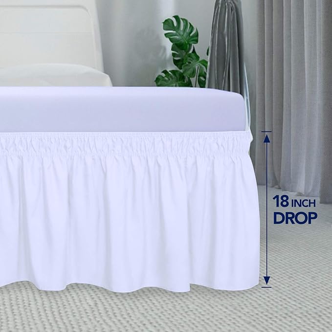 PureFit Wrap Around Ruffled Bed Skirt, White, Queen/King - 18" Drop | Wrinkle Free Bedskirt Dust Ruffles, Easy to Put On Frame Cover with Adjustable Elastic Belt