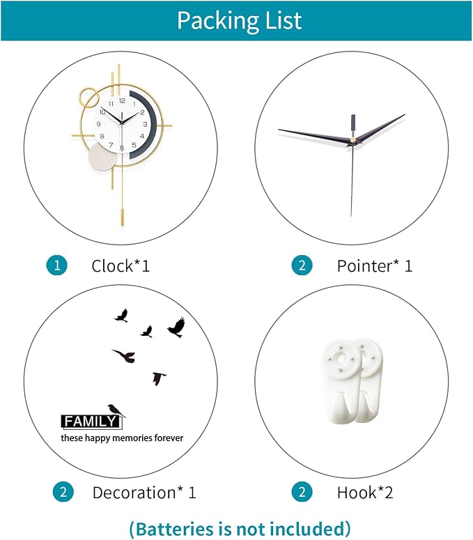 Wall Clock Decorative Pendulum Modern Wall Clock Battery Operated | Analog Non-Ticking Gold Iron Unique Large Clock for Living Room,Bedroom,Office,Kitchen,Bathroom Iron Wall Decor 13.8x21.9in