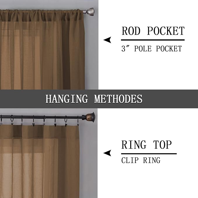 Tollpiz Sheer Curtains Linen Textured Bedroom Curtain Sheers Light Filtering Rod Pocket Voile Curtains for Living Room, 54 x 63 inches Long, Brown, Set of 2 Panels