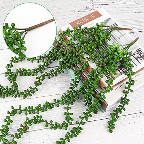 CEWOR 4pcs Fake Hanging Plants, String of Pearls Artificial Hanging Succulents Greenery Wall Backdrop Decor, Artificial Plants Indoor for Home Garden Outdoor Decoration