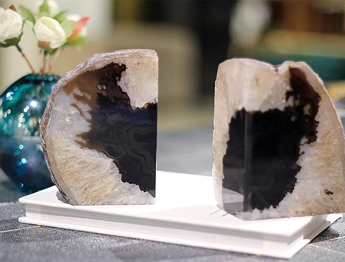 Agate Geode Stone Bookends Heavy Duty Crystal Book Holders Decorative | Large Polished Stone Book Stoppers Supports Home Office Decor with Rubber Bumpers Natural Black 1 Pair, 8-10 LBS