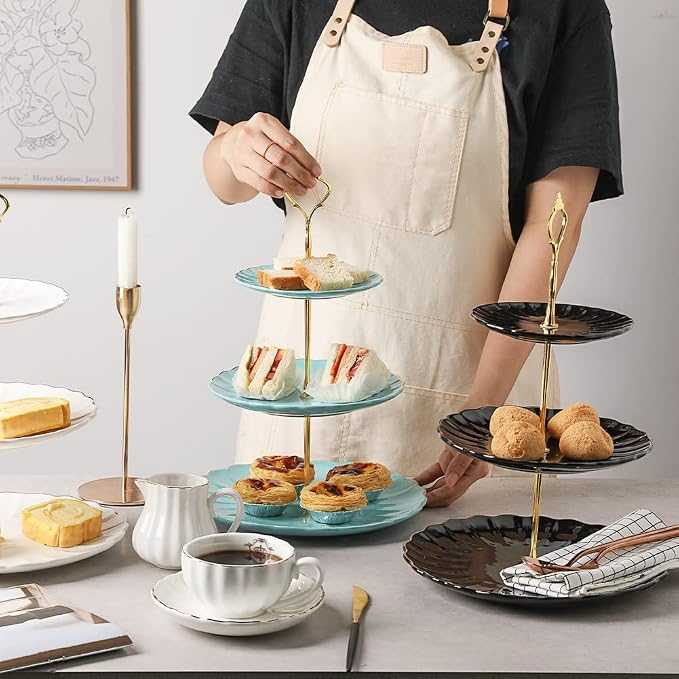 Sweejar 3 Tier Ceramic Cake Stand Wedding, Dessert Cupcake Stand for Tea Party Serving Platter (Turquoise)
