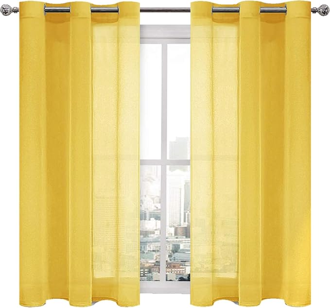 DWCN Yellow Faux Linen Sheer Curtains - Grommet Voile Window Curtain Drapes for Bedroom Living Room 46 x 45 inch Length, Set of 2