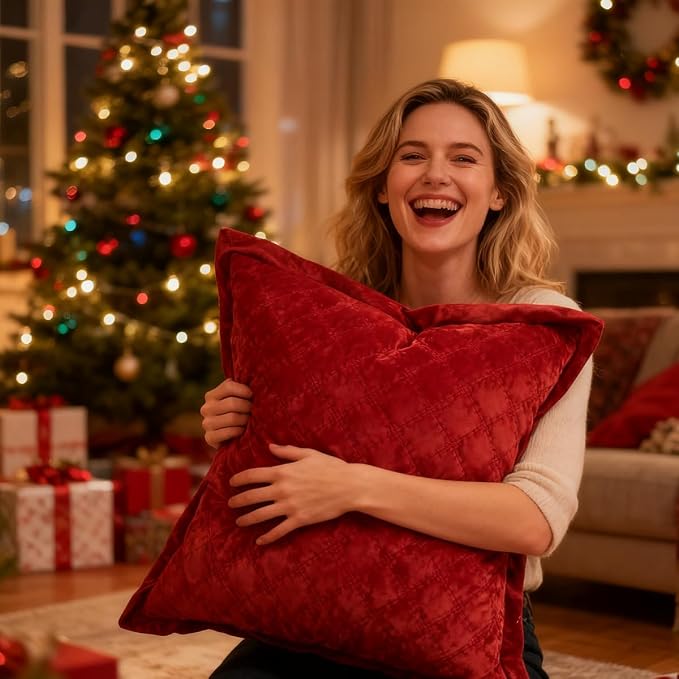 Throw Pillow Cover 18x18 1 Piece Velvet Square Pillowcase Soft Skin-Friendly Cross Process Decorative Farmhouse Cushion Covers for Couch Sofa Bedroom Living Room,Red