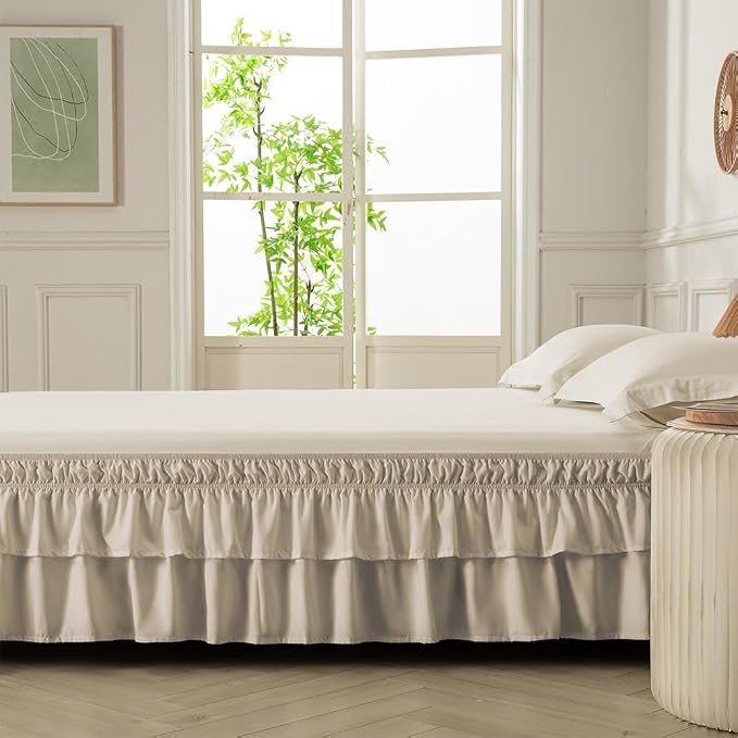 Double-Layered Ruffled Bed Skirt,Taupe,Full/Queen, 14" Drop | Wrap Around, Adjustable Elastic, 2 Layer, Machine Washable Soft Fabric, Multi Ruffle Bedskirt