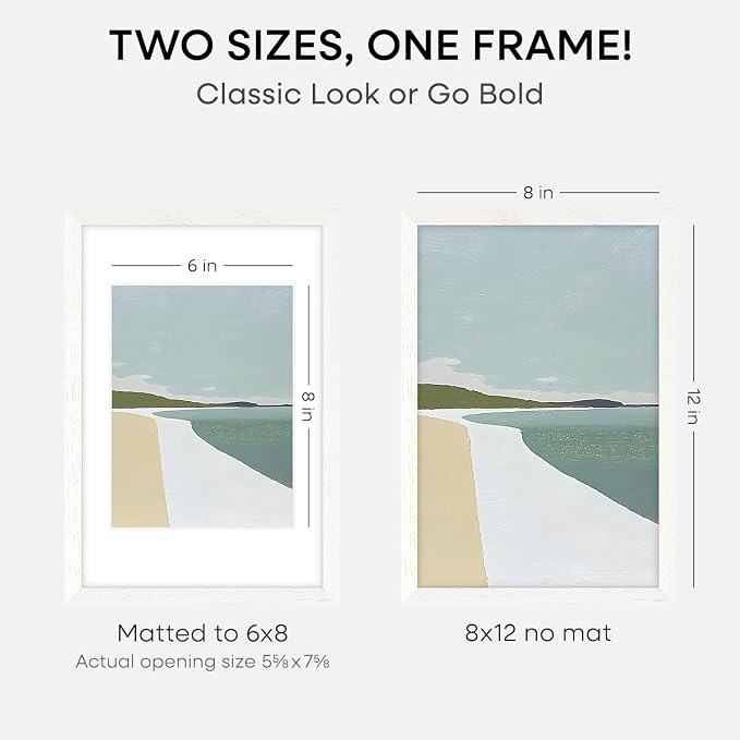 Homeforia 8x12 White Oak Picture Frame, High-End Wood, 6x8 Mat, Glass