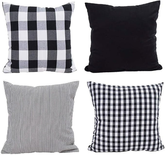 HOPLEE Outdoor Pillow Covers 16x16 Black and White Pillow Covers Buffalo Plaid Stripe and Gingham Design 16x16 Inches Set of 4