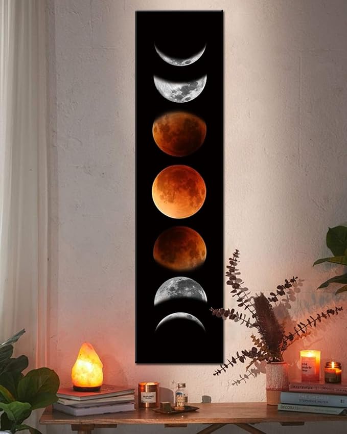 Moon Phase Wall Art, Black and Tawny Abstract Canvas Painting 47"x12" | Unframed canvas, ready to hang. Warm black & tawny moon phase art. Ideal for living room, bedroom, home office