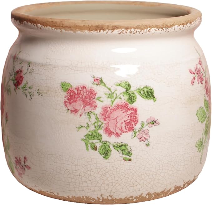 Decorative Pink Vintage Floral Pots, Ceramic Garden Pots with Drainage | Grandma Flower Pots for Indoor Plants, Succulent & Herb Pots, Crackle Glaze Pottery, Maximalist Chic Decor, Mom Gifts