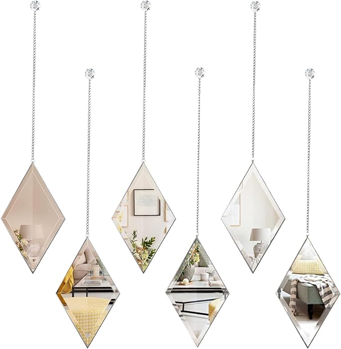 yshengood Diamond Wall Mirror Set of 6 Pcs, Silver Wall Decor Mirrors Small Glass Decor Wall Mirrors for Living Room and Bedroom Decoration