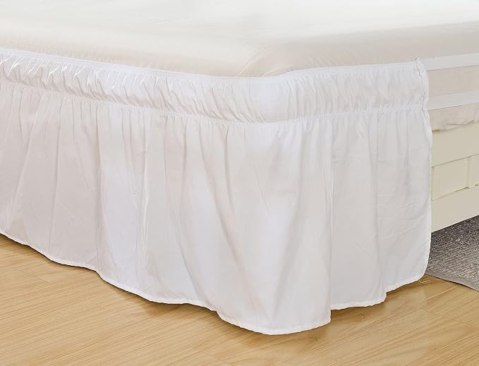 MEILA Wrap Around Elastic Bed Skirt for Twin & Full Beds, 16" Drop, White | Three-Side Adjustable Elastic Dust Ruffle, Ruffled Polyester Fabric, Easy to Install, Fade Resistant & Machine Washable