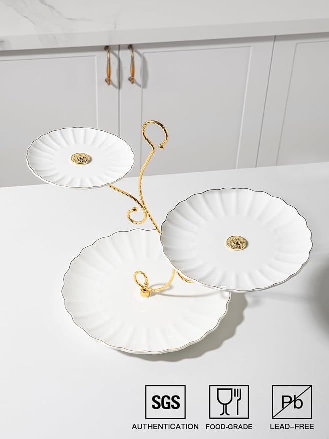 Sweejar 3 Tier Ceramic Cake Stand Wedding, Dessert Cupcake Stand for Tea Party Serving Platter (Bright White)
