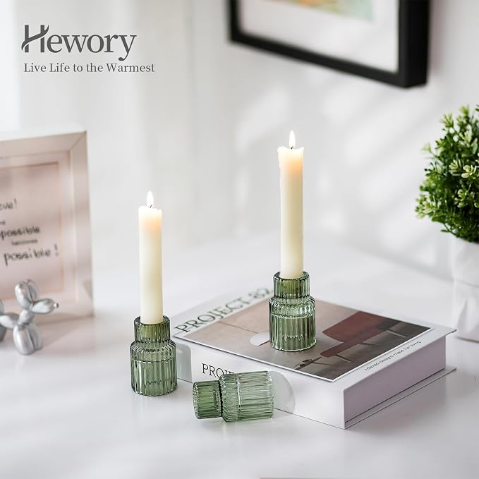 Hewory Taper Candle Holders Bulk, 10PCS Green Glass Candlestick Holders | For 0.86" Taper Candles, Ribbed, Vintage Candle Sticks Holder Decor, Wedding Table Centerpiece Bridal Showers Christmas Home