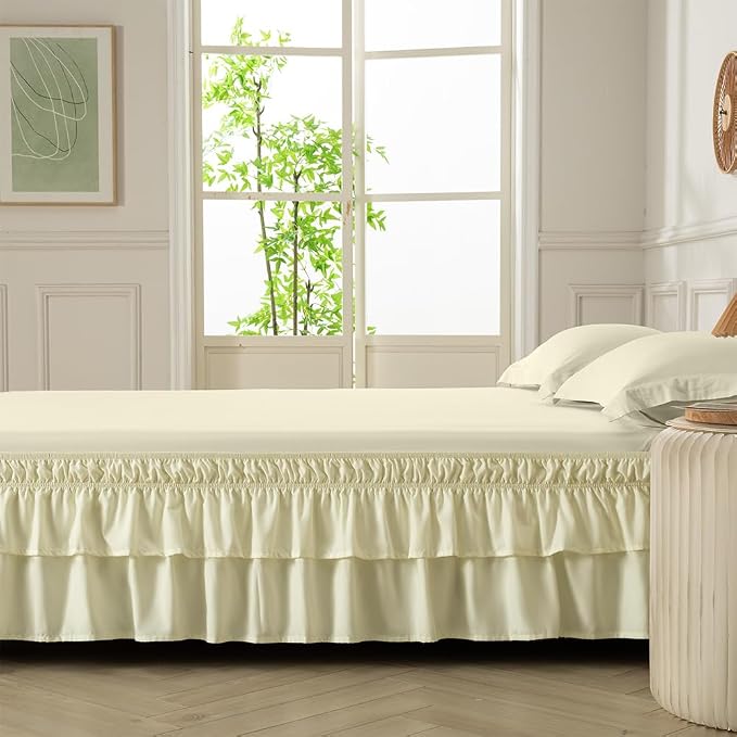 Double-Layered Ruffled Bed Skirt,Beige,Twin/Twin XL, 14" Drop | Wrap Around, Adjustable Elastic, 2 Layer, Machine Washable Soft Fabric, Multi Ruffle Bedskirt