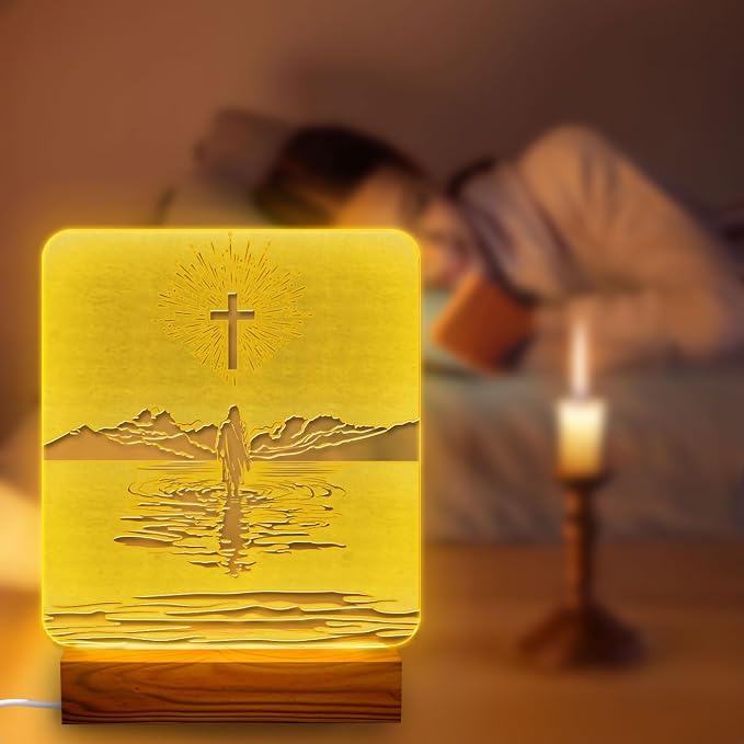 Christian Mom Gift – LED Night Light with Jesus and Cross Design – Mother's Day for Christian Mom – USB Powered Lamp – Wooden Base – Inspirational Christian Home Decor and Encouragement Gift