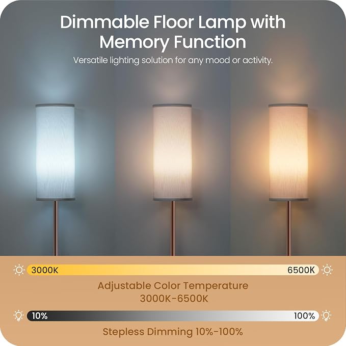 Dimmable Floor Lamps for Living Room with Remote and Foot Switch, 64.4” Modern Standing Tall Lamp, Corner Lamp for Bedroom, Bulb Included, 3000K-6500K, White and Brown VCW06LD05W1