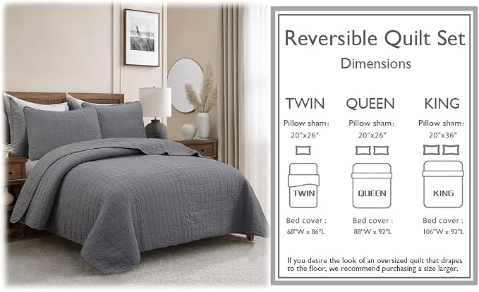 Cozy Line Home Fashions 100% Cotton Quilt Set – 3-Piece Charcoal Gray Solid Classic Modern Geometric Quilted Bedspread with Shams, Lightweight All Season Modern Bedding (Box Gray, King)