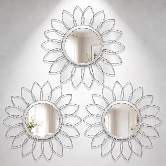 Silver Flower Mirror Set of 3, 3PCS Metal Round Decorative Wall Mirrors, Floral Petal Accent Mirror Wall Decor for Bathroom, Living Room, Bedroom & Entryway
