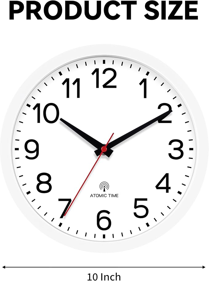 AKCISOT 10 Inch Wall Clock, Silent Battery Operated Analog Clock, White | Atomic | Classroom | Kitchen | Office | Easy to Read Numbers | Garage