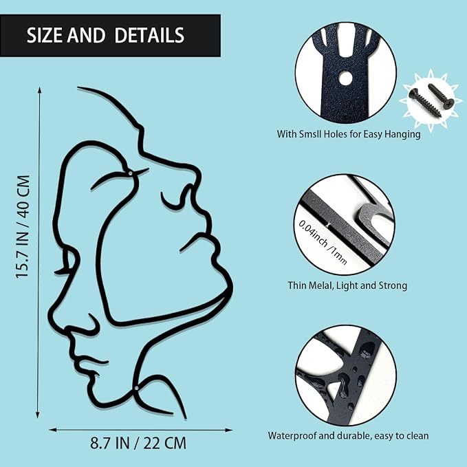 DUOOLN Metal Couples Wall Art, Silhouette Figure Decor Hanging Sculptures | Black Minimalist Abstract Line Drawing-Romantic Bedroom Bed Livingroom Bathroom Ornaments-Love Wall Pictures-Valentine Gift