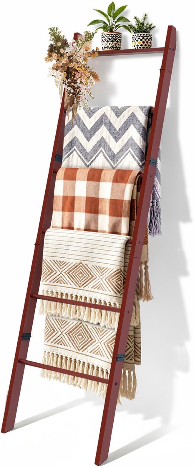 6-Tier Blanket Ladder Wooden, Blanket Quilt Towel Holder Rack Ladder, Brown | Wall Leaning Solid Wood Quilt Rack, Scratch & Slip Resistant, Living Room Bedroom Bathroom, Quick Setup, Brown