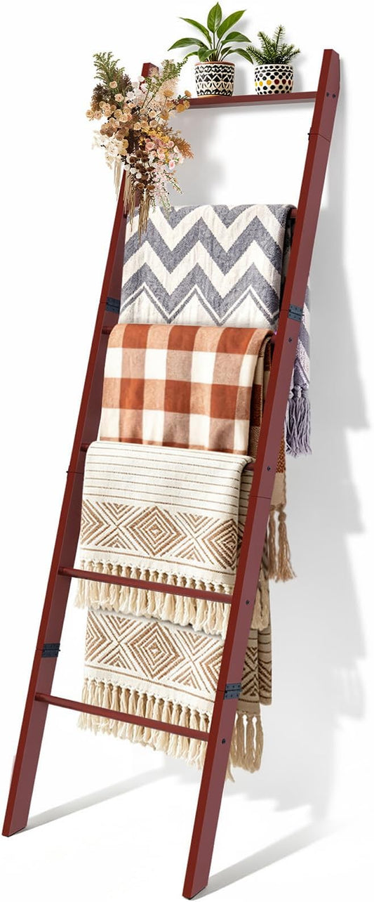 6-Tier Blanket Ladder Wooden, Blanket Quilt Towel Holder Rack Ladder, Brown | Wall Leaning Solid Wood Quilt Rack, Scratch & Slip Resistant, Living Room Bedroom Bathroom, Quick Setup, Brown