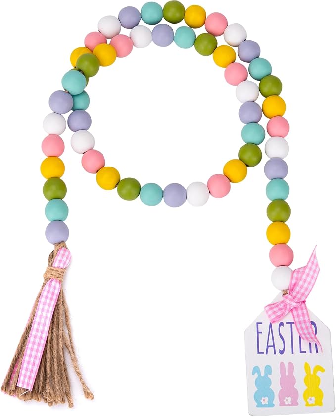 Easter Wood Bead Garland, 38.6" Spring Wood Beads Garland with Tassel, Wooden Beaded Easter Boho Decor Farmhouse Rustic Hanging Decorations for Home Room Wall Tiered Tray Shelf, Easter Bunny
