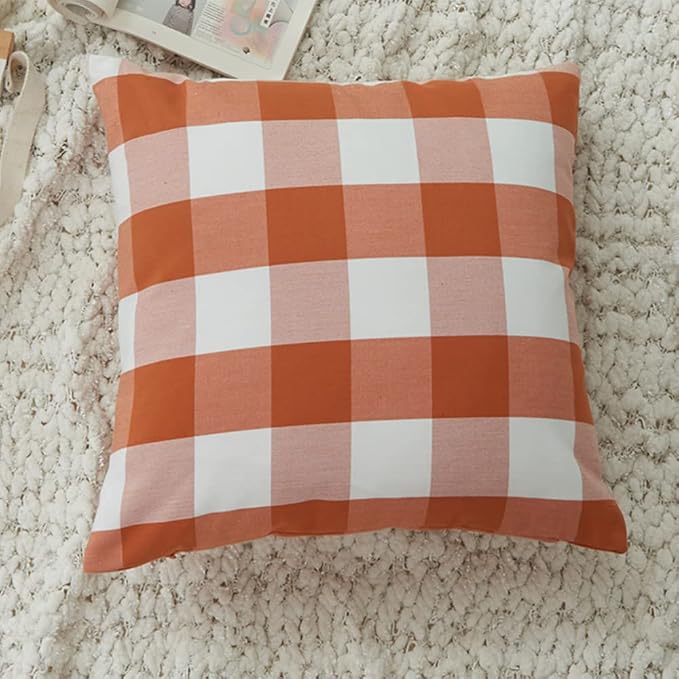 HOPLEE Orange Throw Pillow Covers 18x18 Farmhouse Cushion Cover with Buffalo Plaid, Solid Orange, Striped and Gingham Plaid Design 18x18 inch,4 Pack