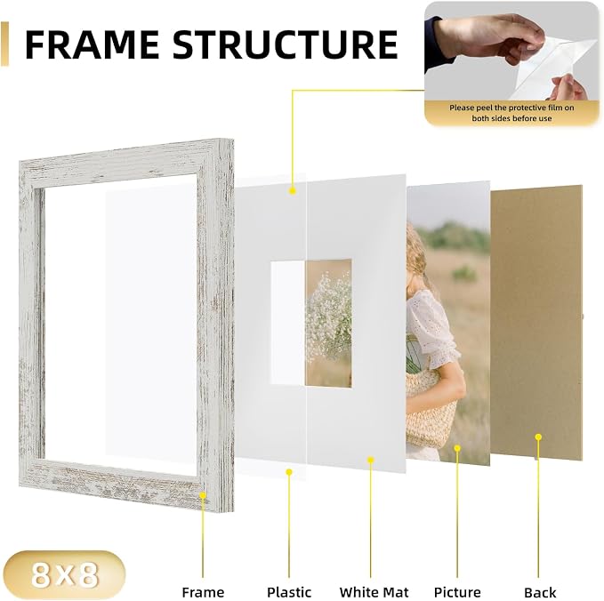YESKAY 8x8 Picture Frame Set of 9, Photo Gallery Wall Frame Set, Display Pictures 4x4 with Mat or 8 x 8 Without Mat, Square Frame Picture Frames Collage Wall decor, Distressed White