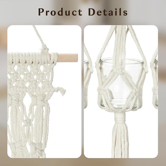 Briful Macrame Plant Hanger with 3 Glass Jars, Wall Hanging Plant Propagation Station, Boho Home Decor Hanging Planter for Indoor Plants Flowers, for Living Room Bedroom Kitchen, 13.78" x 27.56"