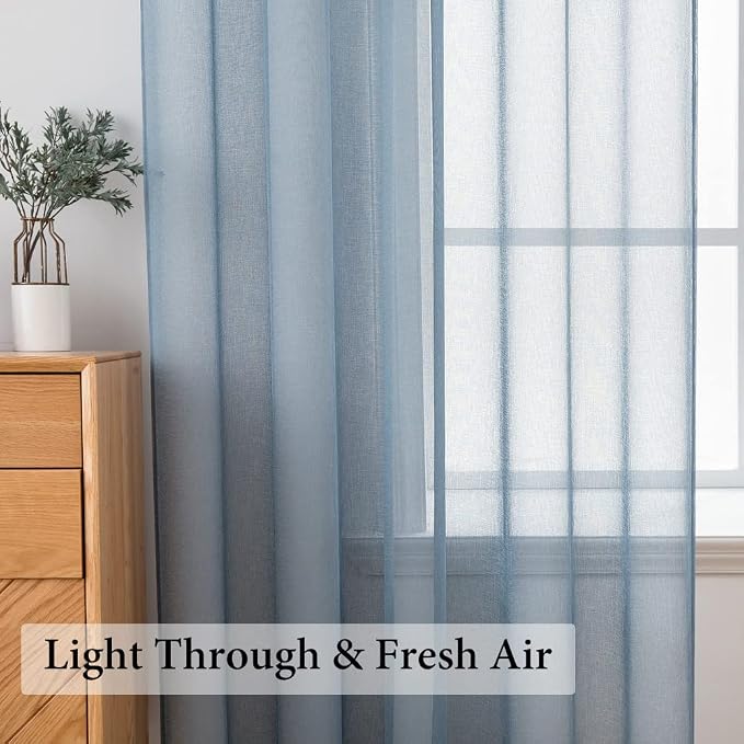 MIULEE Semi Transparent Dusty Blue Linen Textured Sheer Curtains 54W×72L | Semi Transparent, Farmhouse, Window Net Panels with Rod Pocket for Bedroom Living Room