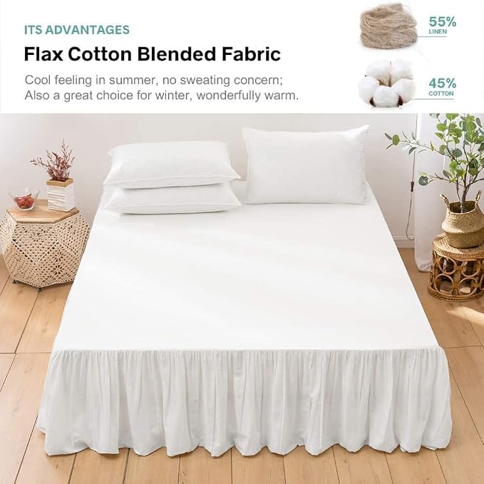 BISELINA French Linen Bed Skirt with Pleated Frills 14-Inch Tailored Drop Natural Flax Cotton Blend Dust Ruffle Soft Cozy Farmhouse Bedding (14" California King, Ruffle White)