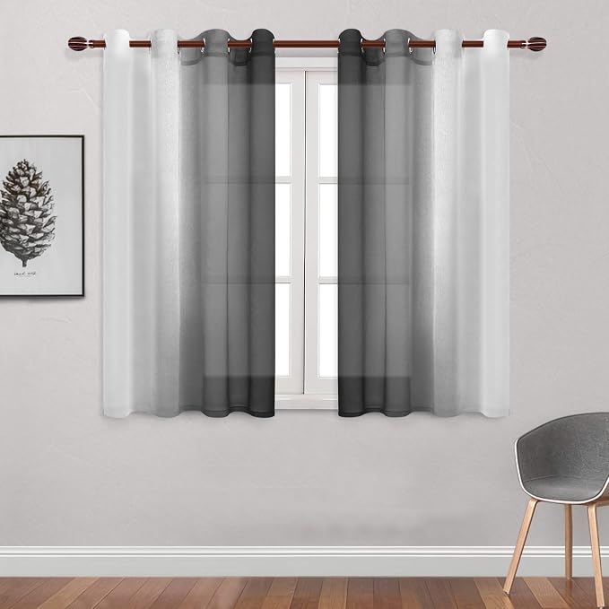 DWCN Faux Linen Ombre Sheer Curtains - Semi Voile Gradient Bedroom and Living Room Curtains, Set of 2 Grommet Top Window Curtain Panels, 52 x 54 Inch Length, Black
