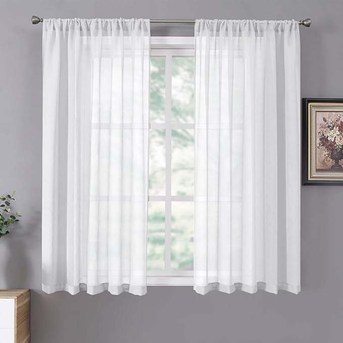Tollpiz Short Sheer Curtains Living Room Linen Textured Curtain Sheers Light Filtering Voile Rod Pocket Curtains for Bedroom, 38 x 45 inches Long, White, Set of 2 Panels