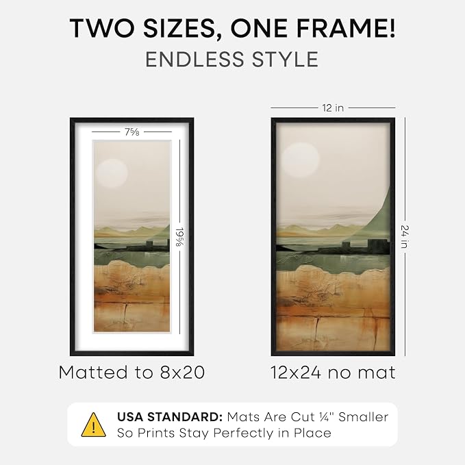 Homeforia 12x24 Black Oak Picture Frame, High-End Wood, 8x20 Mat, Glass