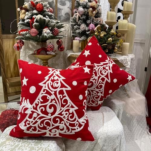 Red Holiday Decor Pillow Covers 18x18 Outdoor Throw Pillowcases Tree Embroidered Cushion for Farmhouse Sofa Office Bed Room Car 2PCS
