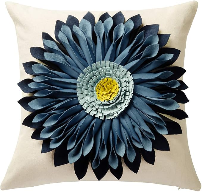 OiseauVoler 3D Sunflower Handmade Throw Pillow Covers 18x18 Inch Navy Blue | decorative floral pillowcases pillow sham for couch living room home bed decor dog hair resistant
